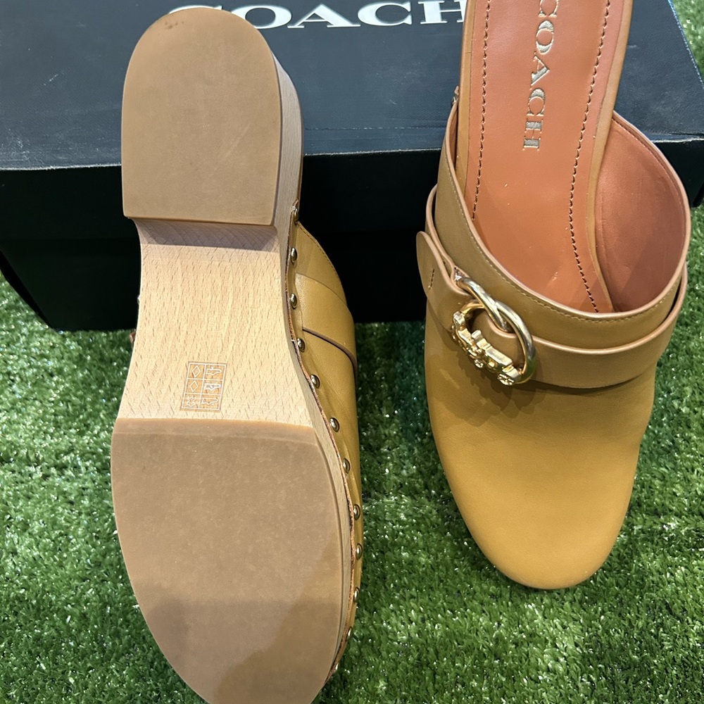 Coach Gold Buckle Tan Leather Mules